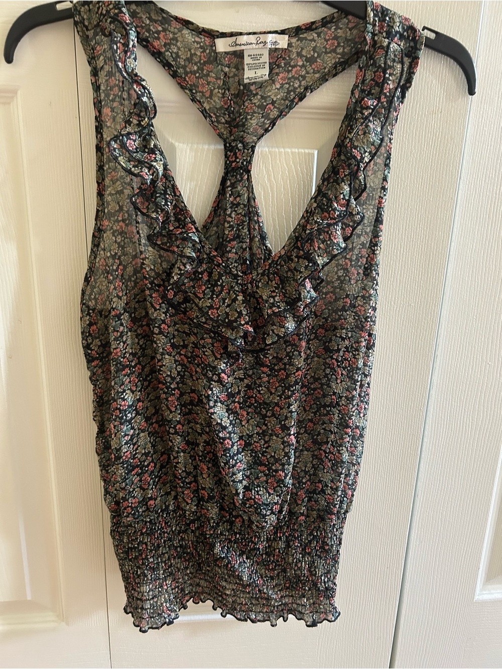 American Rag Black Floral Ruffle Sleeveless Top with Pink & Green